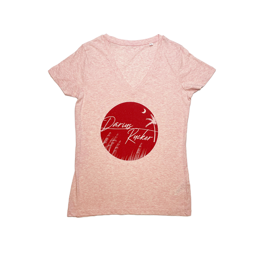 Circle palm tree logo on a heather pink v-neck ladies tee Darius Rucker